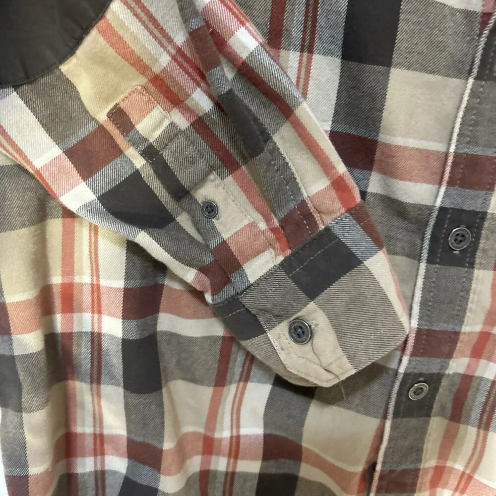 Wrangler ATG Shirt Mens Large Brown Plaid Button Up Flannel Cotton Blend Elbow